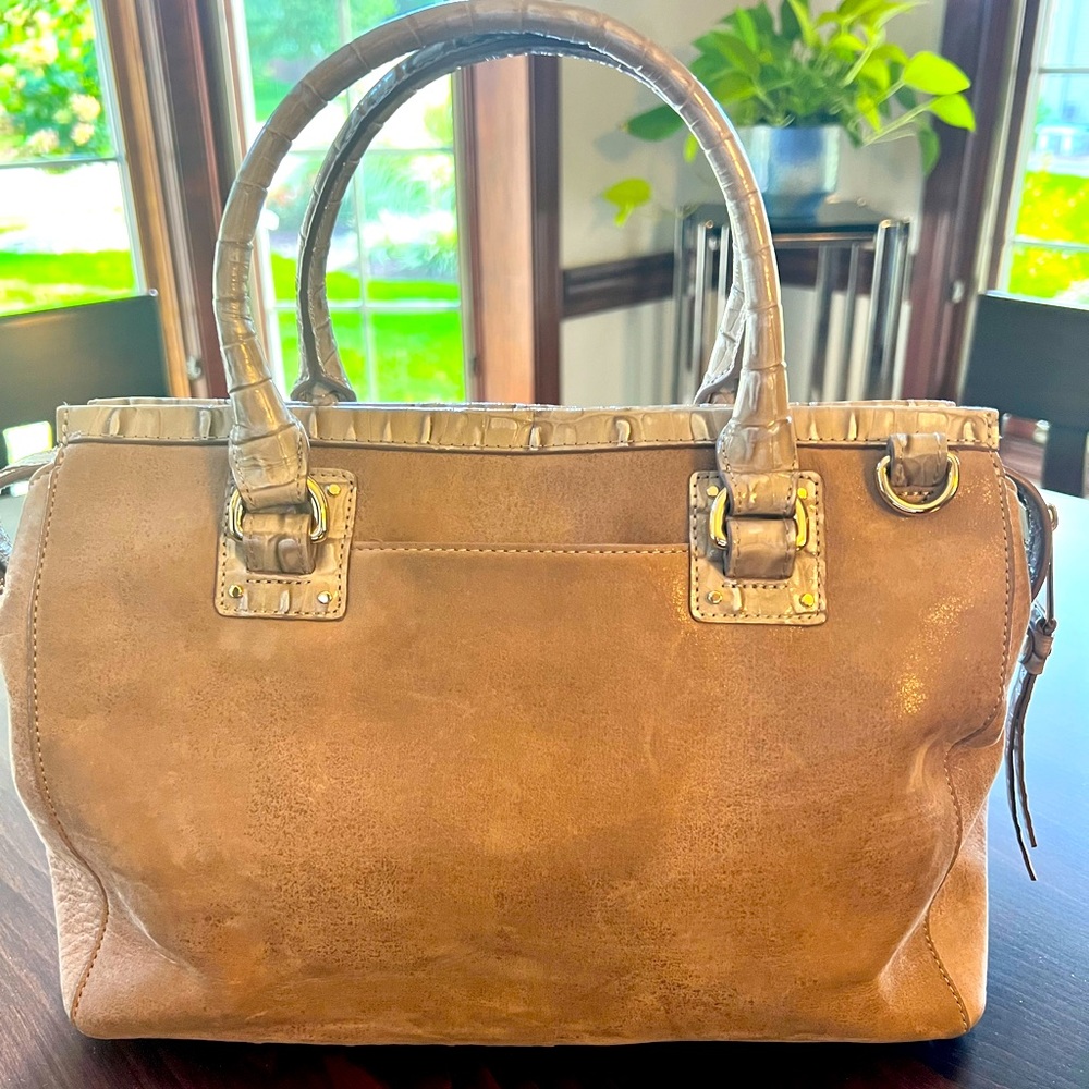 Brahmin Purse Schooner Warm Gray Reynolds Soft Suede Leather Satchel